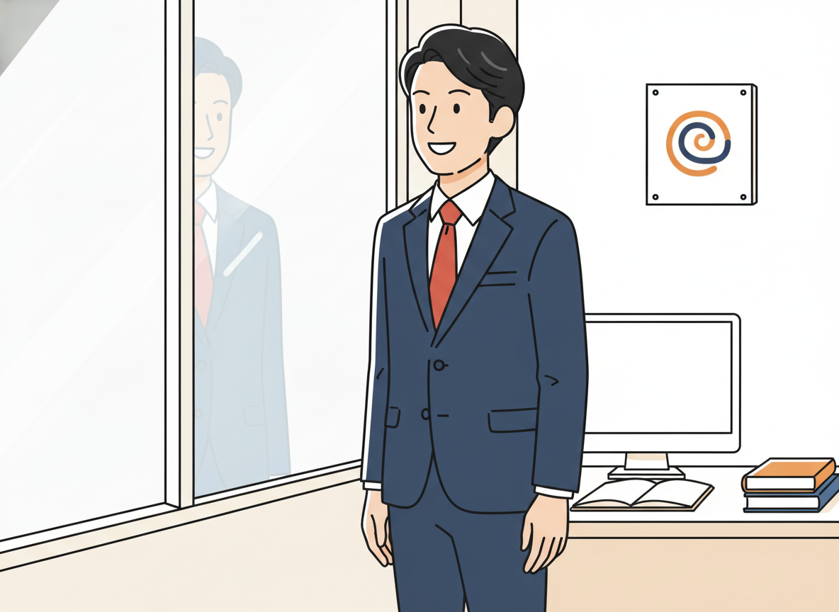 a person looking out a large window in a quiet office, contemplating