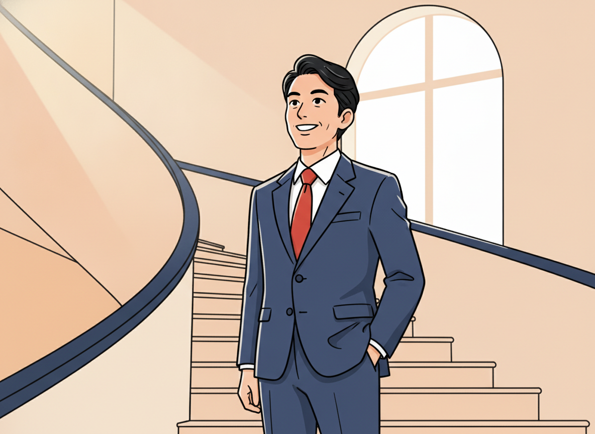 a person pausing on a staircase, looking upward, soft natural light