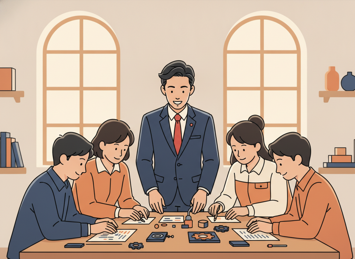 a small group of people gathered around a table in a bright workshop room, focused