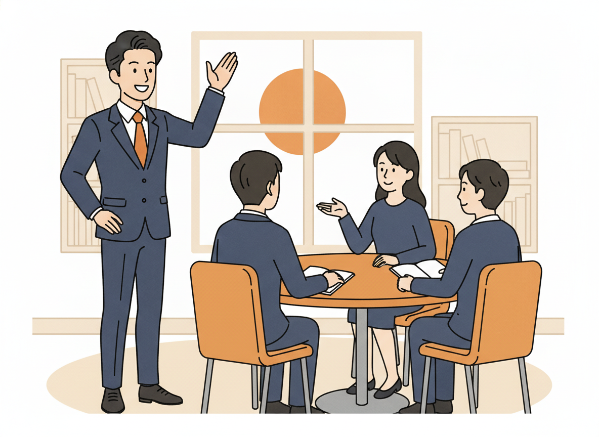 a person raising their hand in a small gathering, asking a question