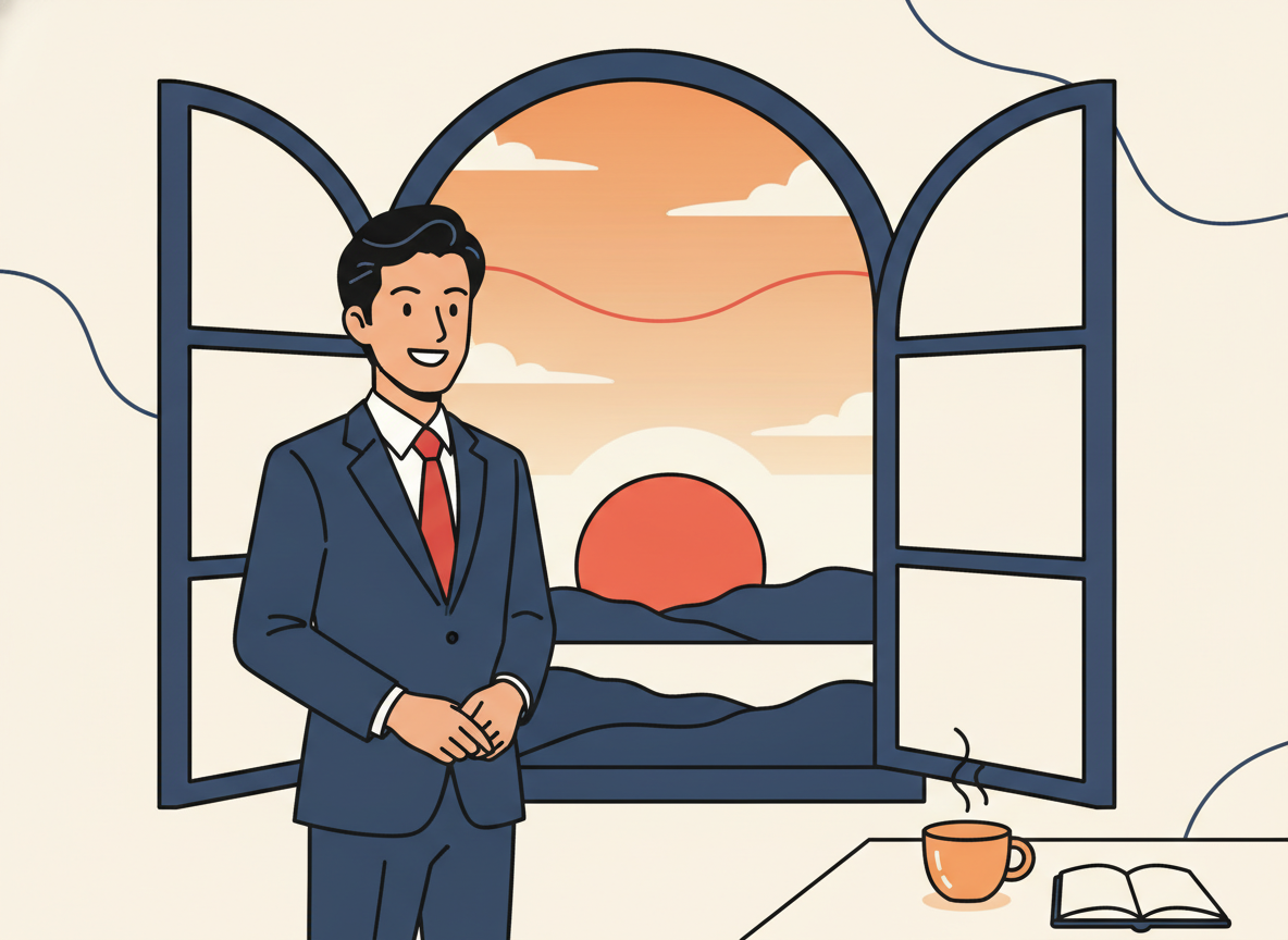 a warm sunset viewed through an open window, sense of completion and calm