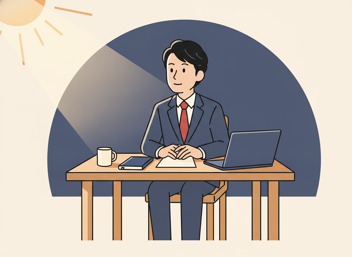 a person sitting at a wooden desk in morning light, looking thoughtful