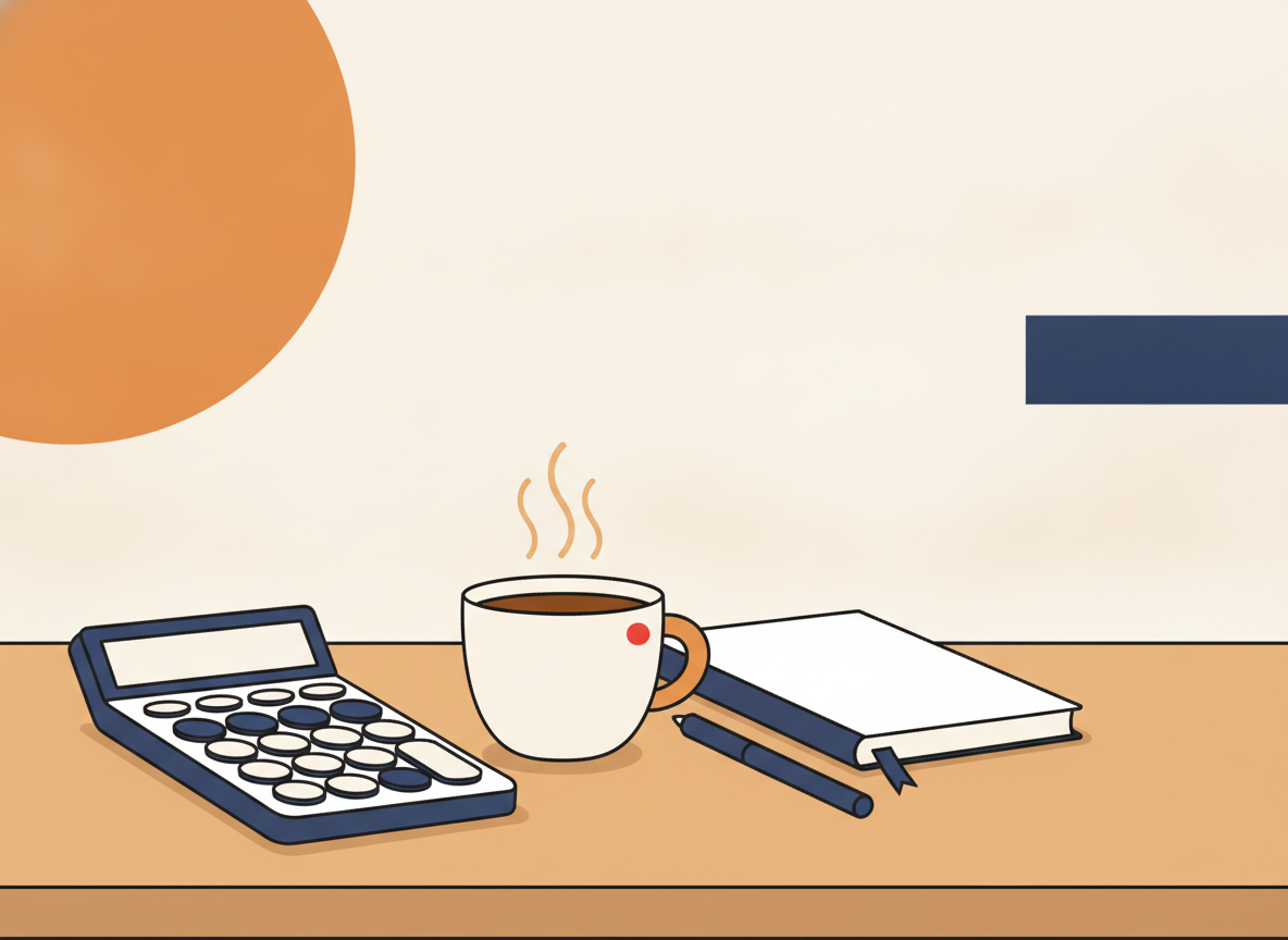 a clean minimal workspace with a calculator and coffee cup