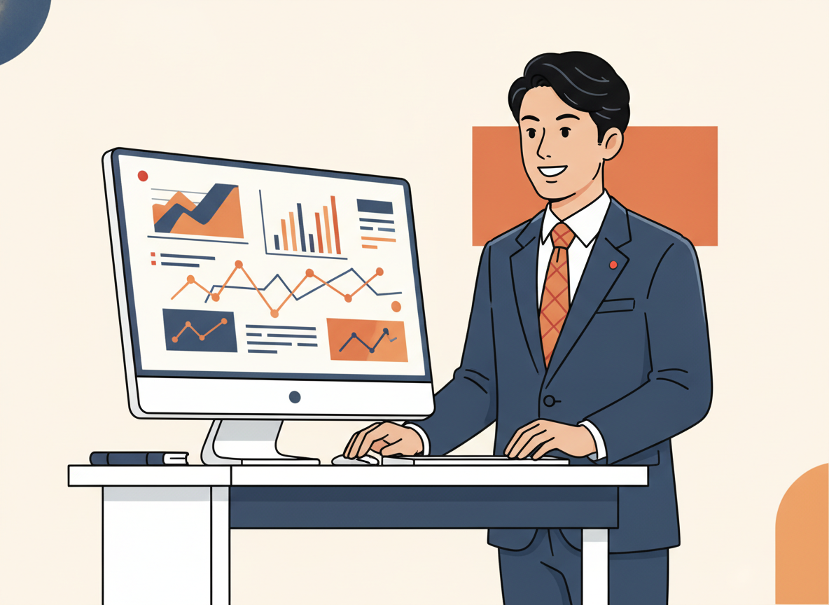 a person at a standing desk looking at a large monitor showing abstract graphs