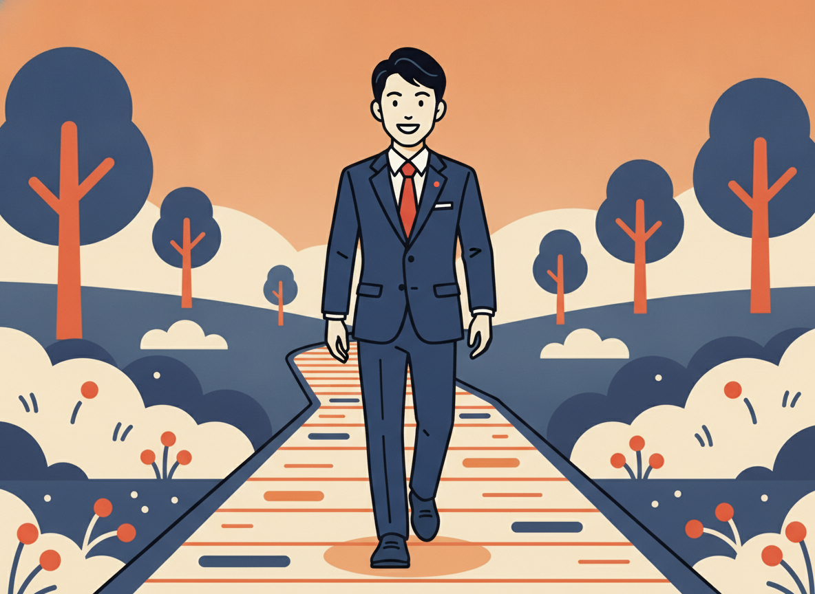 a person walking forward on a wooden path through a peaceful landscape