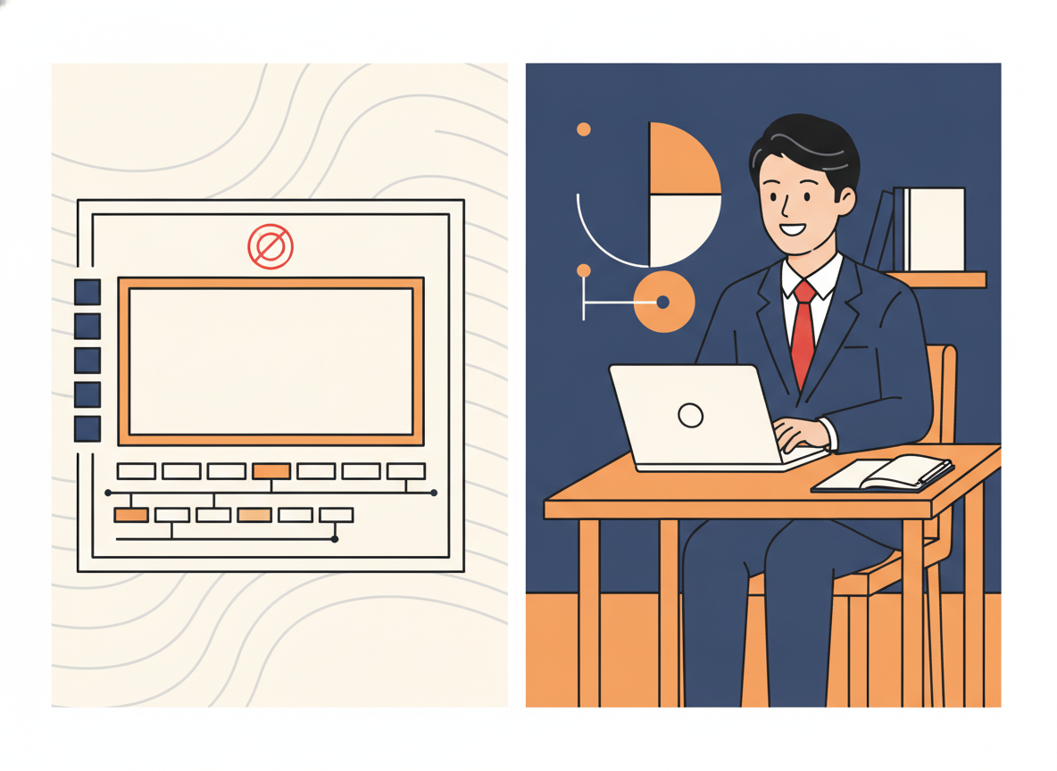 Vrewのトップ画面とひとり社長がPCで作業しているイメージ
