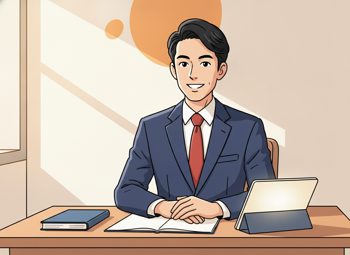 a person sitting quietly at a wooden desk in soft morning light, looking forward with calm expression