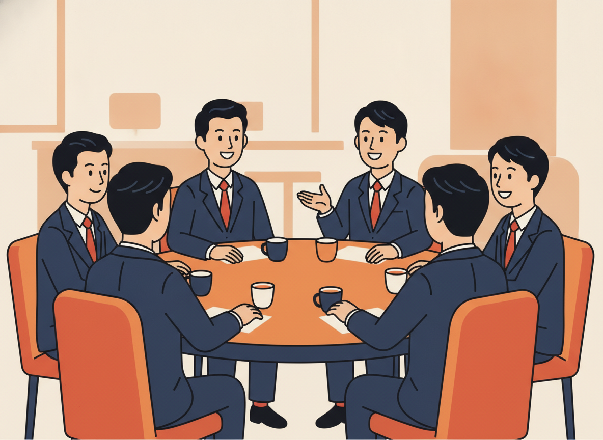 a circle of people sitting around a round table, warm natural lighting, abstract style