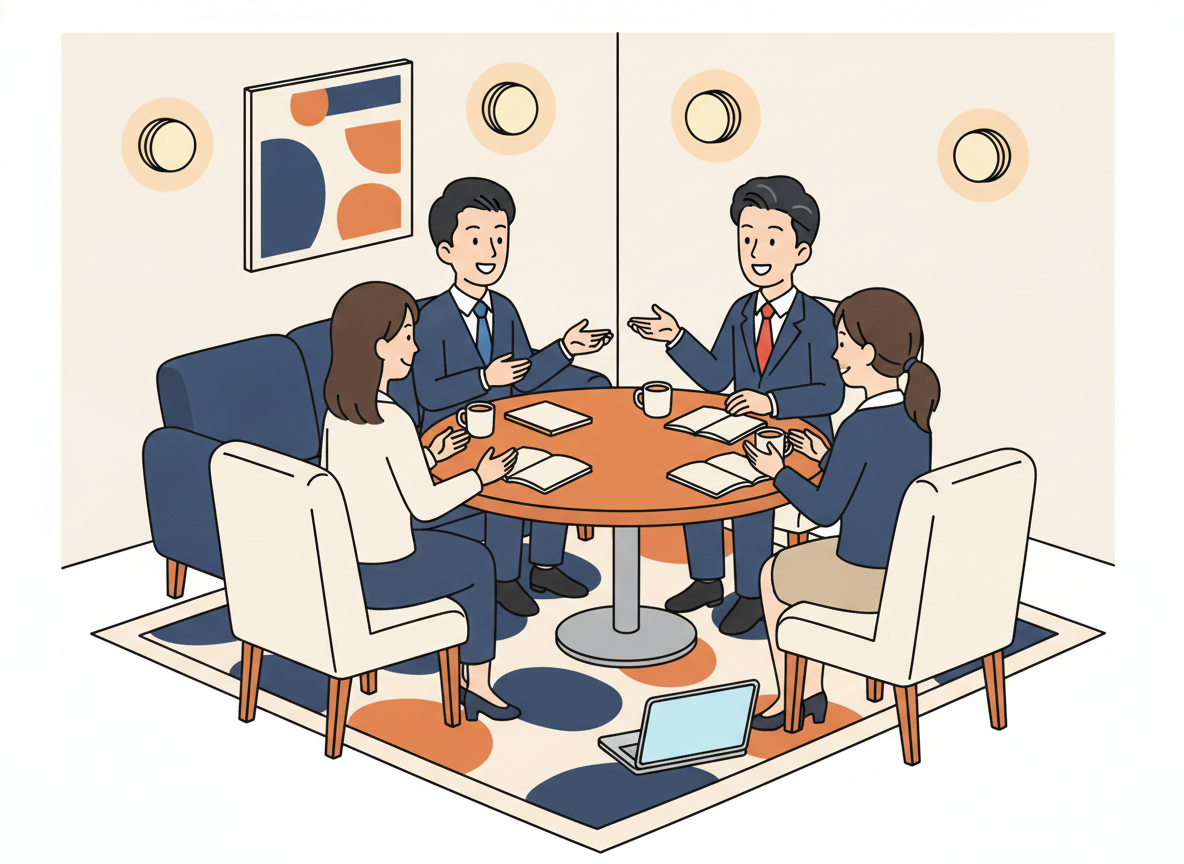 small group of people in a cozy meeting space, warm ambient light, no text visible