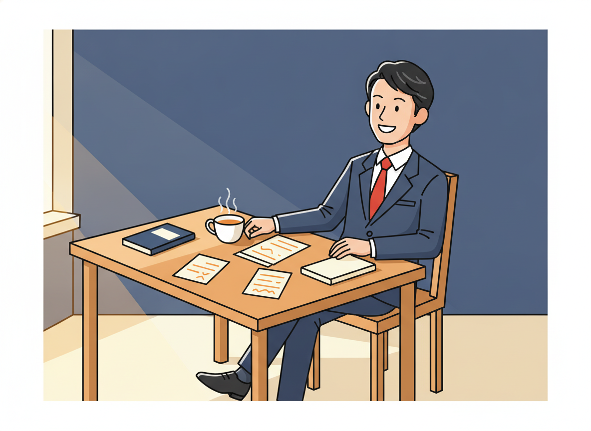 a person in a relaxed posture at a clean wooden desk, notes and a cup nearby, morning light