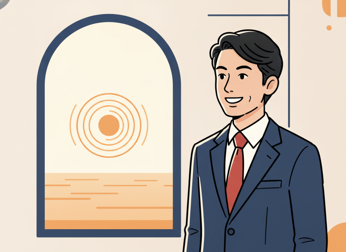 a person looking out a large window toward a bright open horizon, calm and focused mood