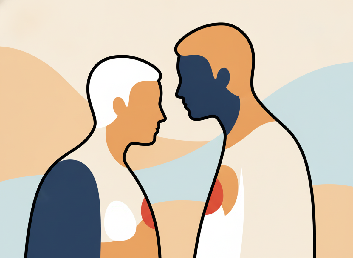 two abstract human silhouettes facing each other in quiet conversation, soft pastel tones