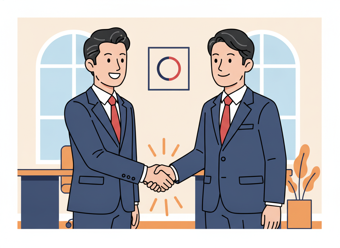 a warm handshake between two people in a bright modern office, natural light