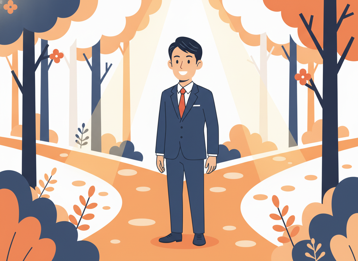 a person standing at a crossroads in a sunlit forest path