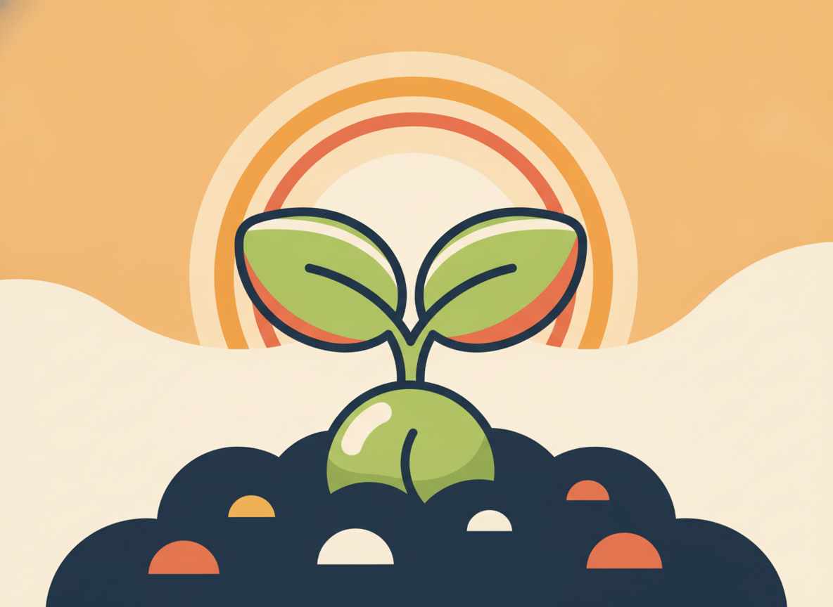 a sprout growing from rich soil in morning sunlight, clean background