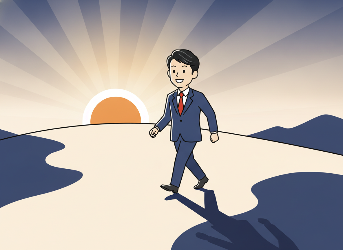 a lone figure walking uphill at dawn, long shadow behind them