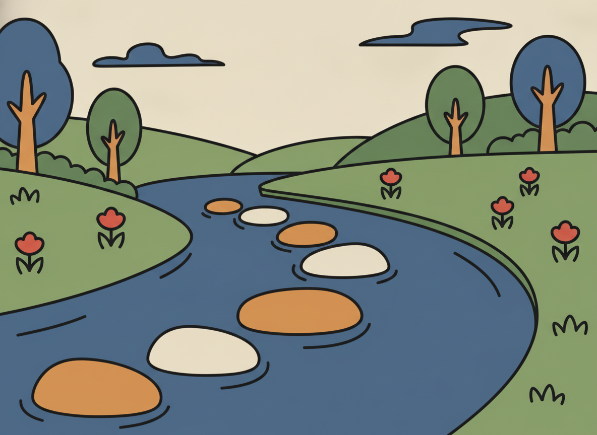 five stepping stones crossing a calm river in a green landscape