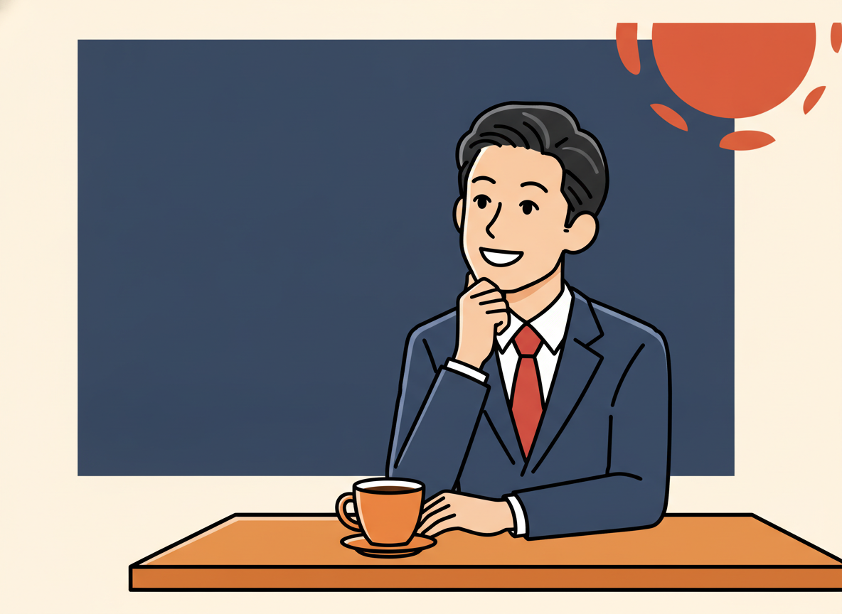a person pausing thoughtfully at a wooden table with a cup of coffee