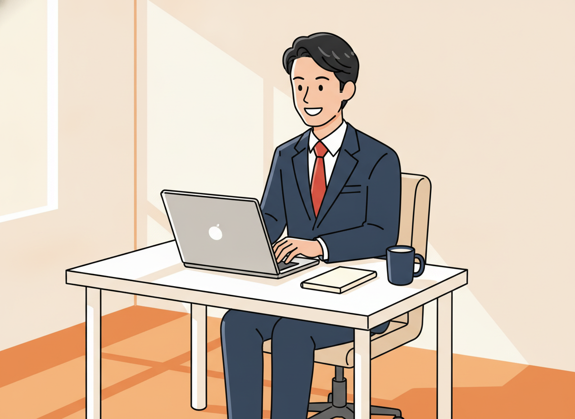 a person typing on a laptop at a minimalist desk in warm morning light
