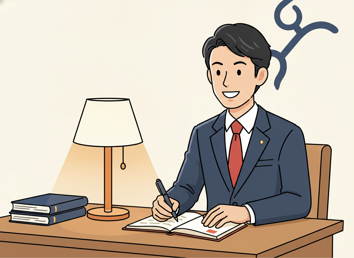 a person writing notes by hand at a wooden desk with warm lamp light