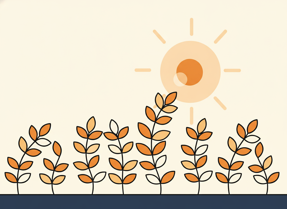 a group of small plants growing toward light in an organized row, clean background