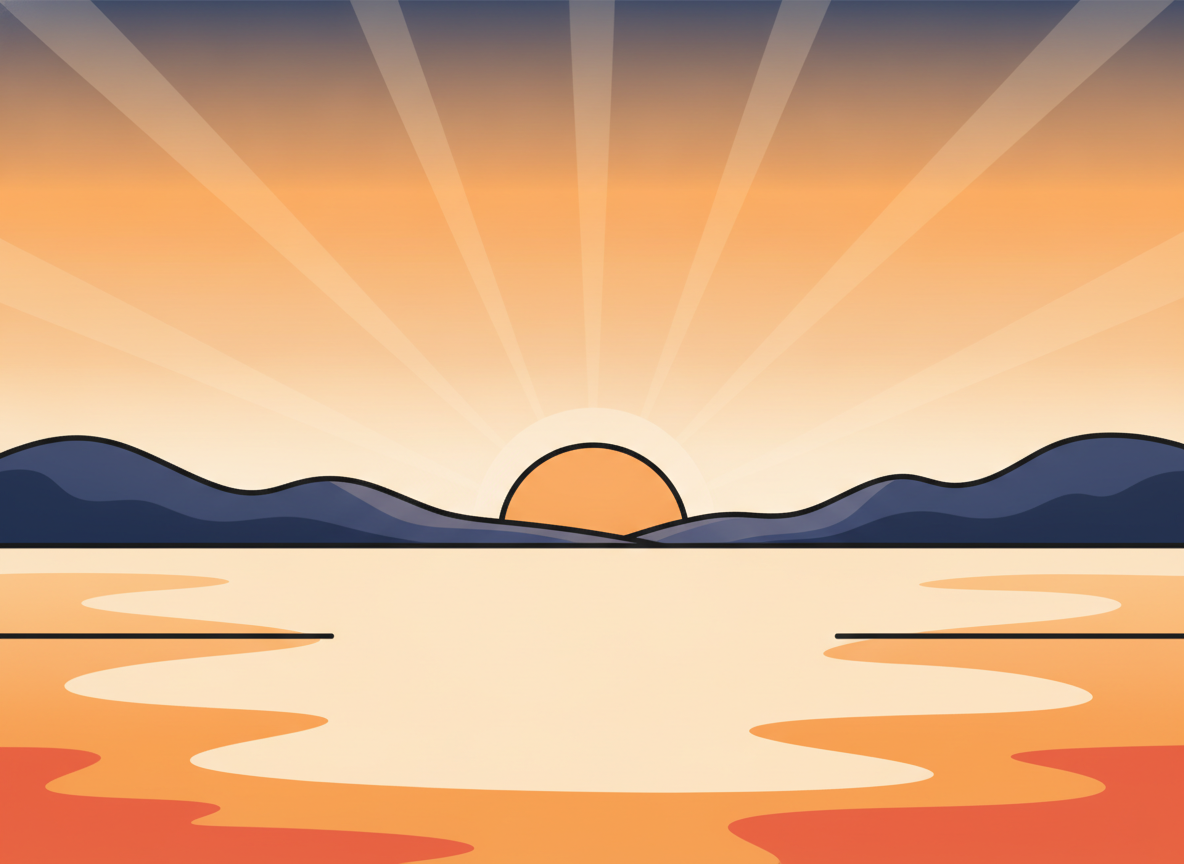 a calm sunrise over a wide open field, soft warm colors