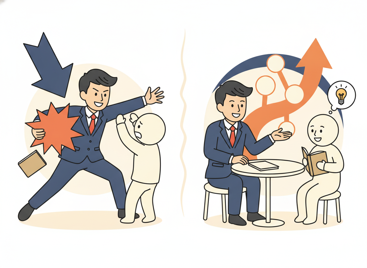 売り込む営業と売り込まない営業の違いを対比させたイラスト