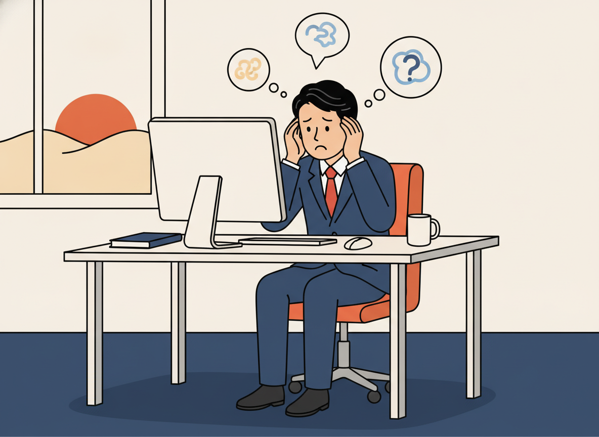 ひとり社長が一人でパソコンと向き合い悩んでいるイラスト