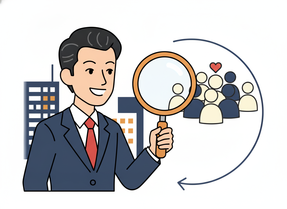 虫眼鏡でターゲット顧客を観察しているイメージイラスト