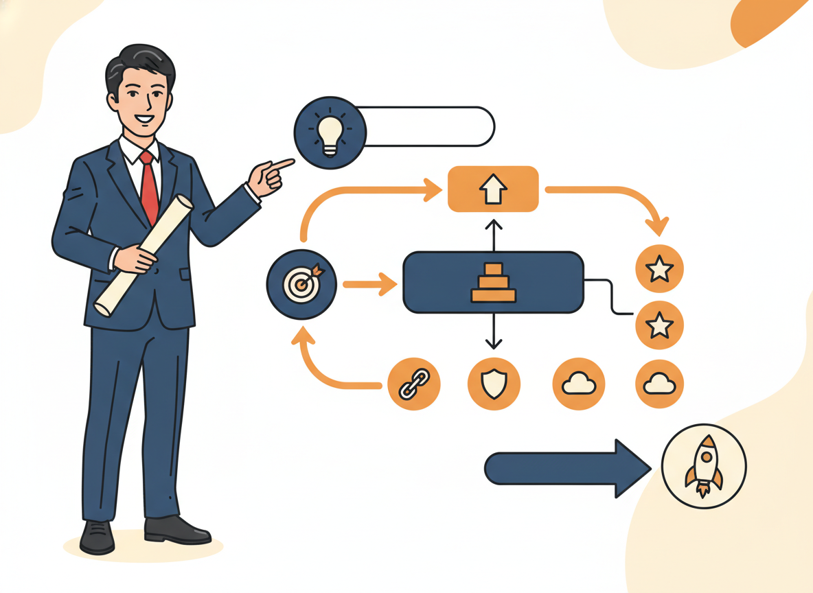 営業の仕組みをフローチャートで表した設計図イメージ