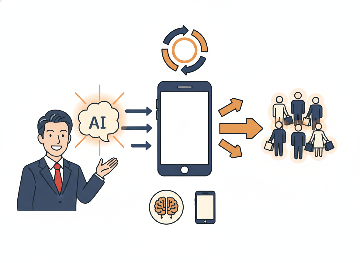 AIを活用した集客フローの概念図・スマートフォンとAIのアイコン