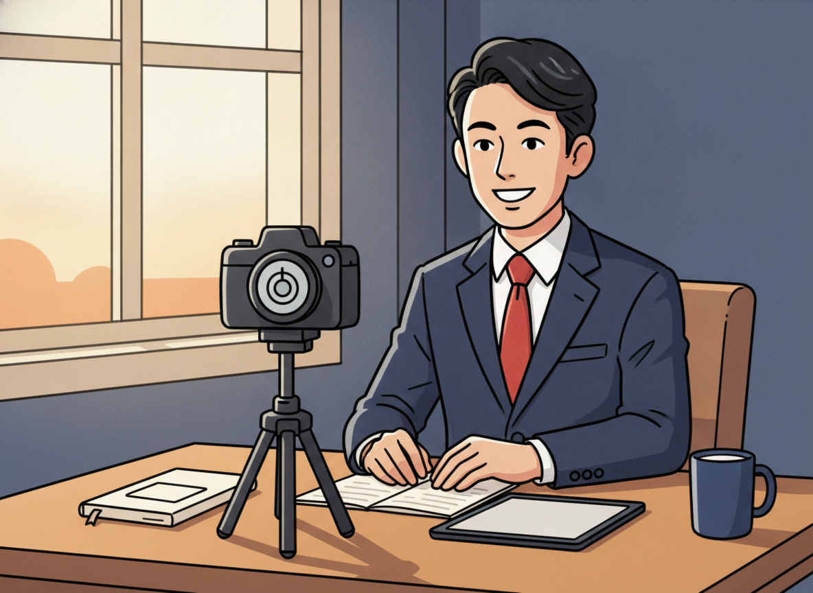 a person sitting at a clean wooden desk with soft morning light, looking toward a camera on a tripod