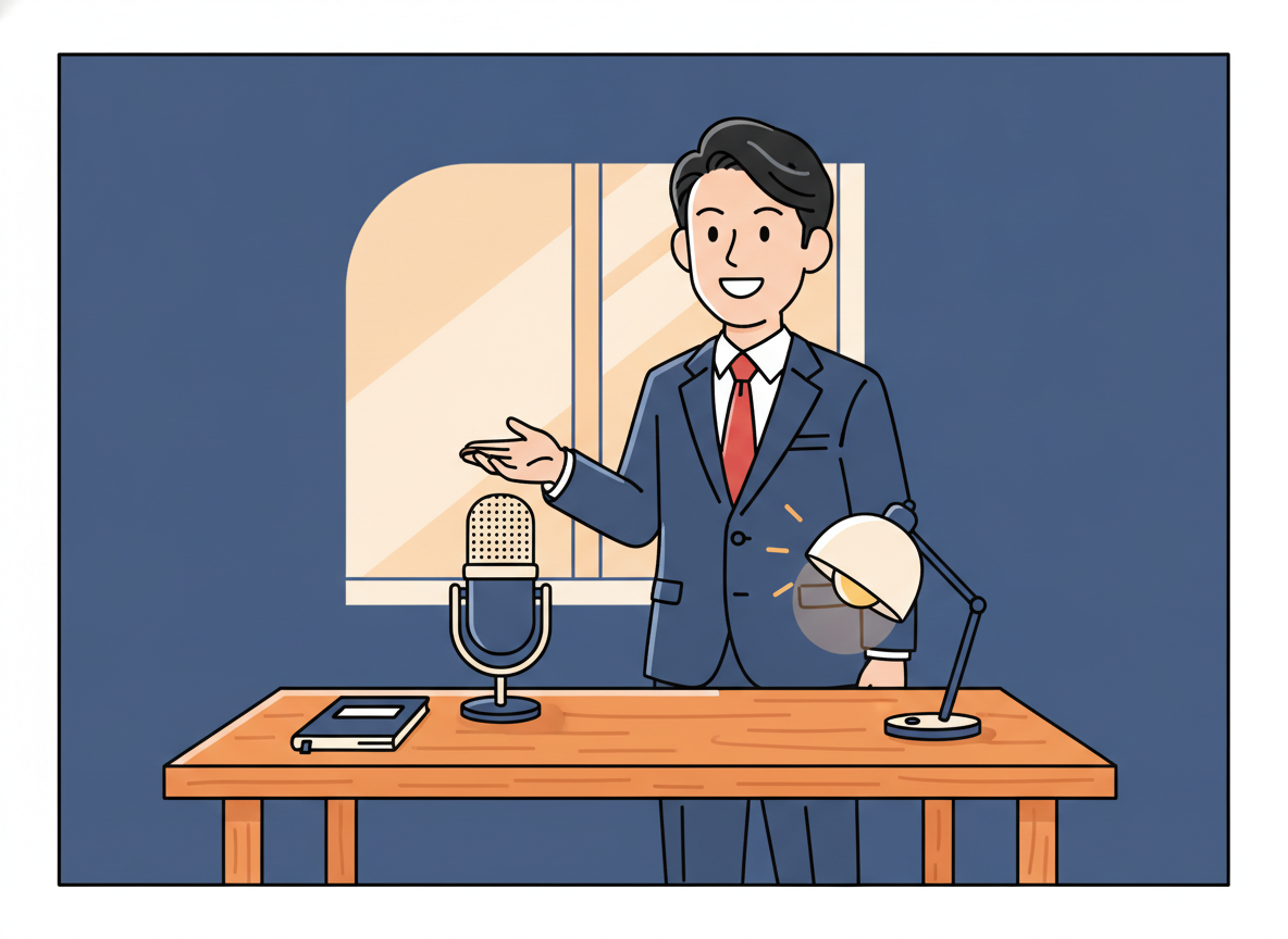 a wooden desk with a microphone and soft light in the background, minimalist setup
