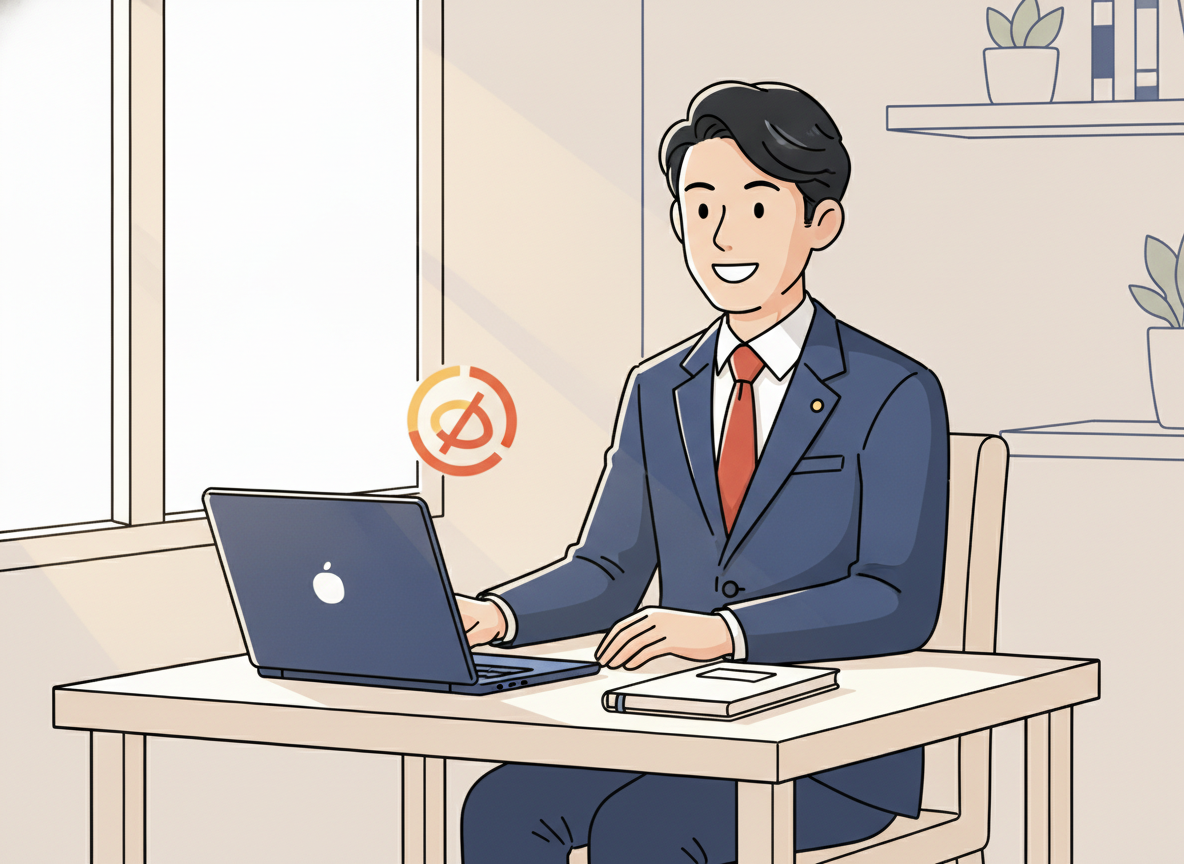 a person calmly sitting in front of a simple home office desk with natural light