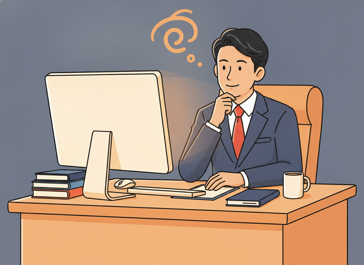 a person with a thoughtful expression at a desk, soft ambient light