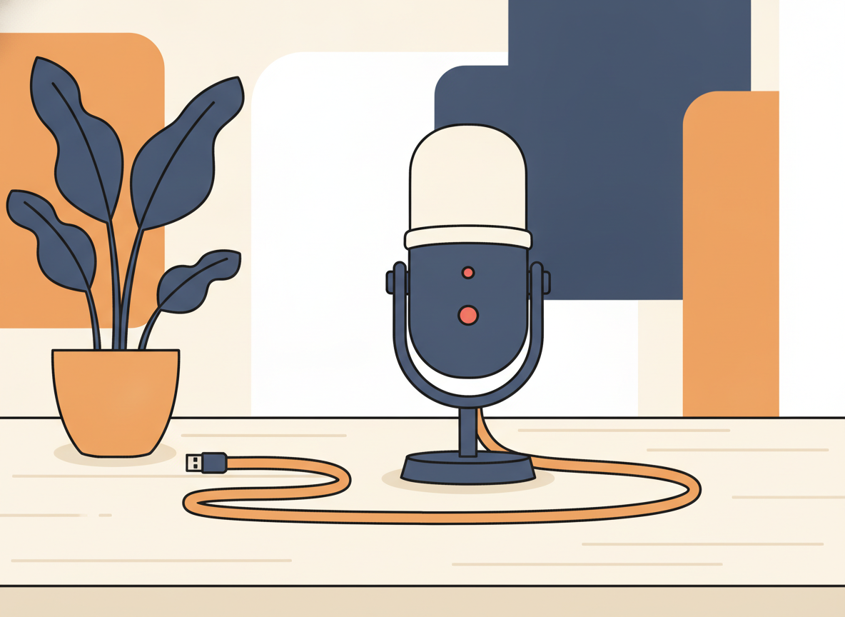 a USB condenser microphone on a clean desk, no background clutter