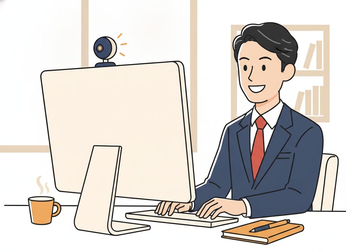 a webcam on a monitor, facing a person working at a desk