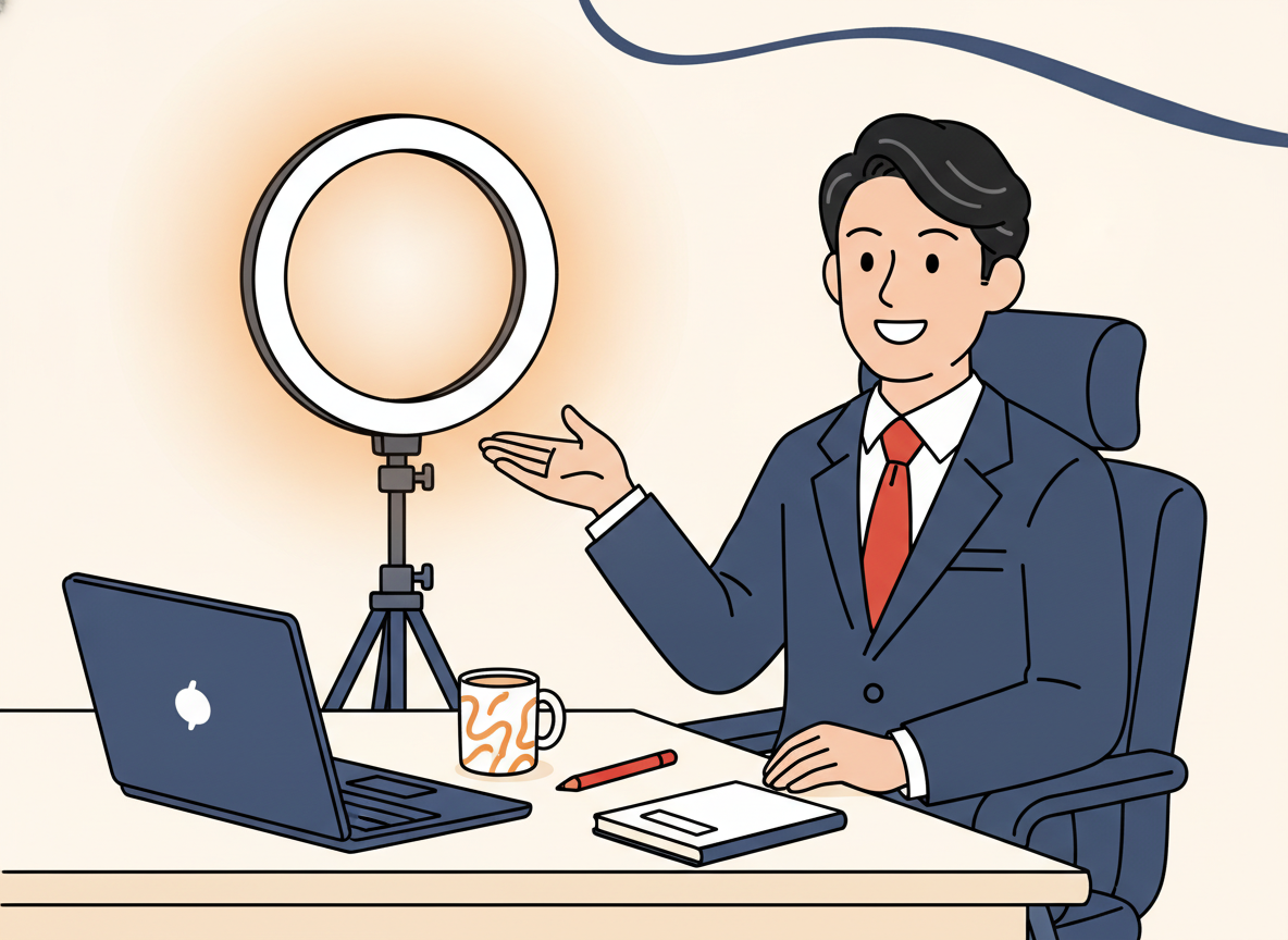 a ring light standing near a desk, casting soft even light on a workspace
