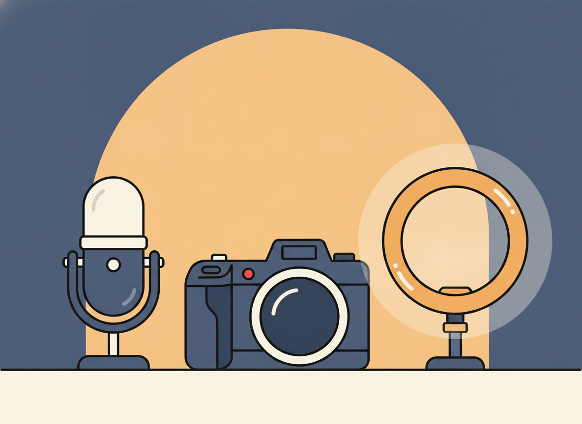 three items arranged neatly on a desk, representing microphone, camera, light in order