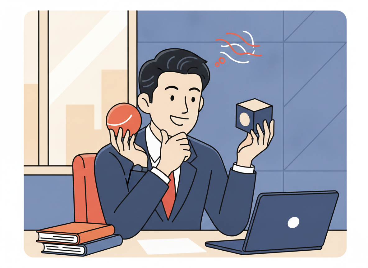 a person comparing two items on a desk, thoughtful expression