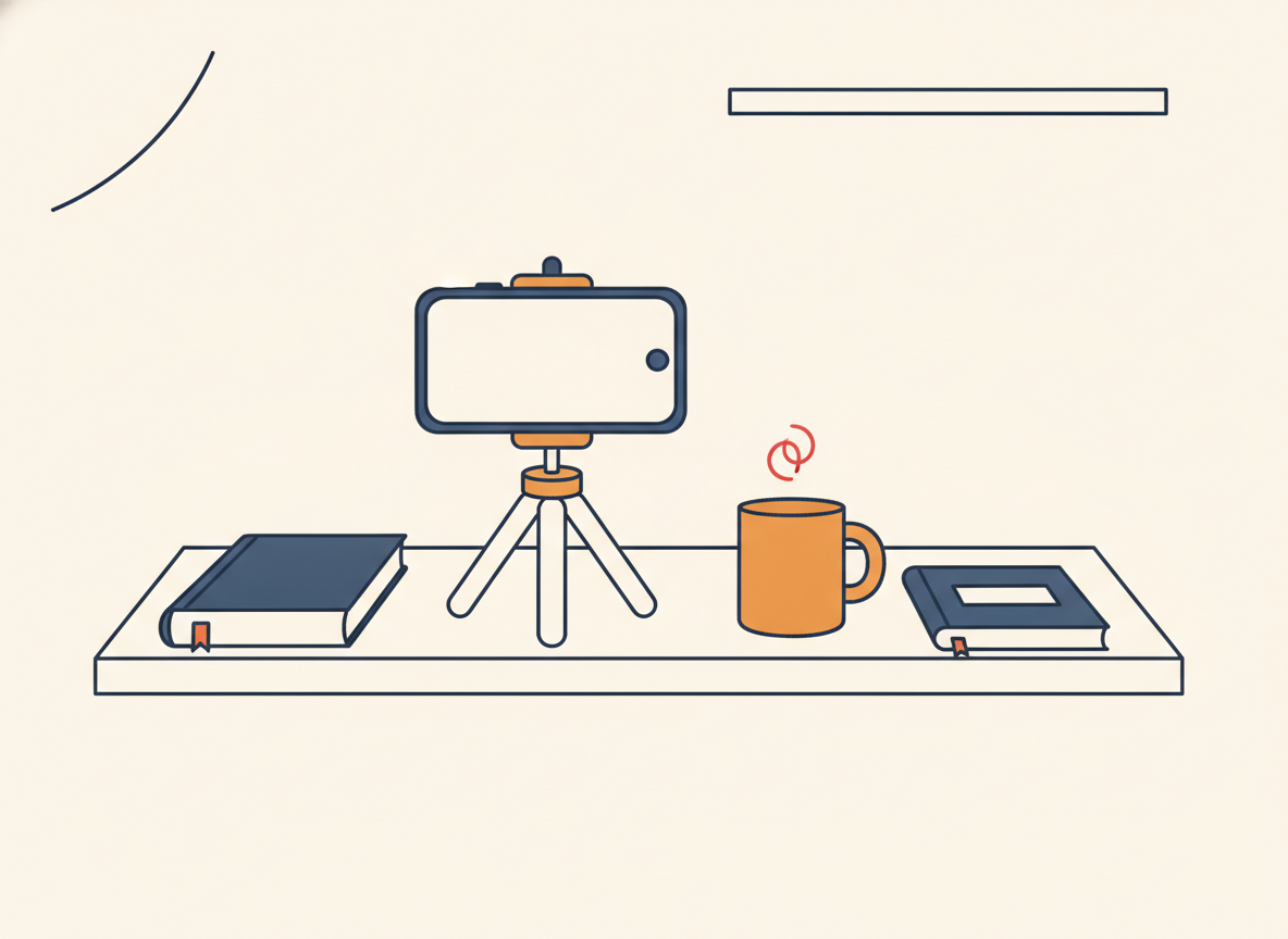 a smartphone on a small tripod on a desk, minimal setup