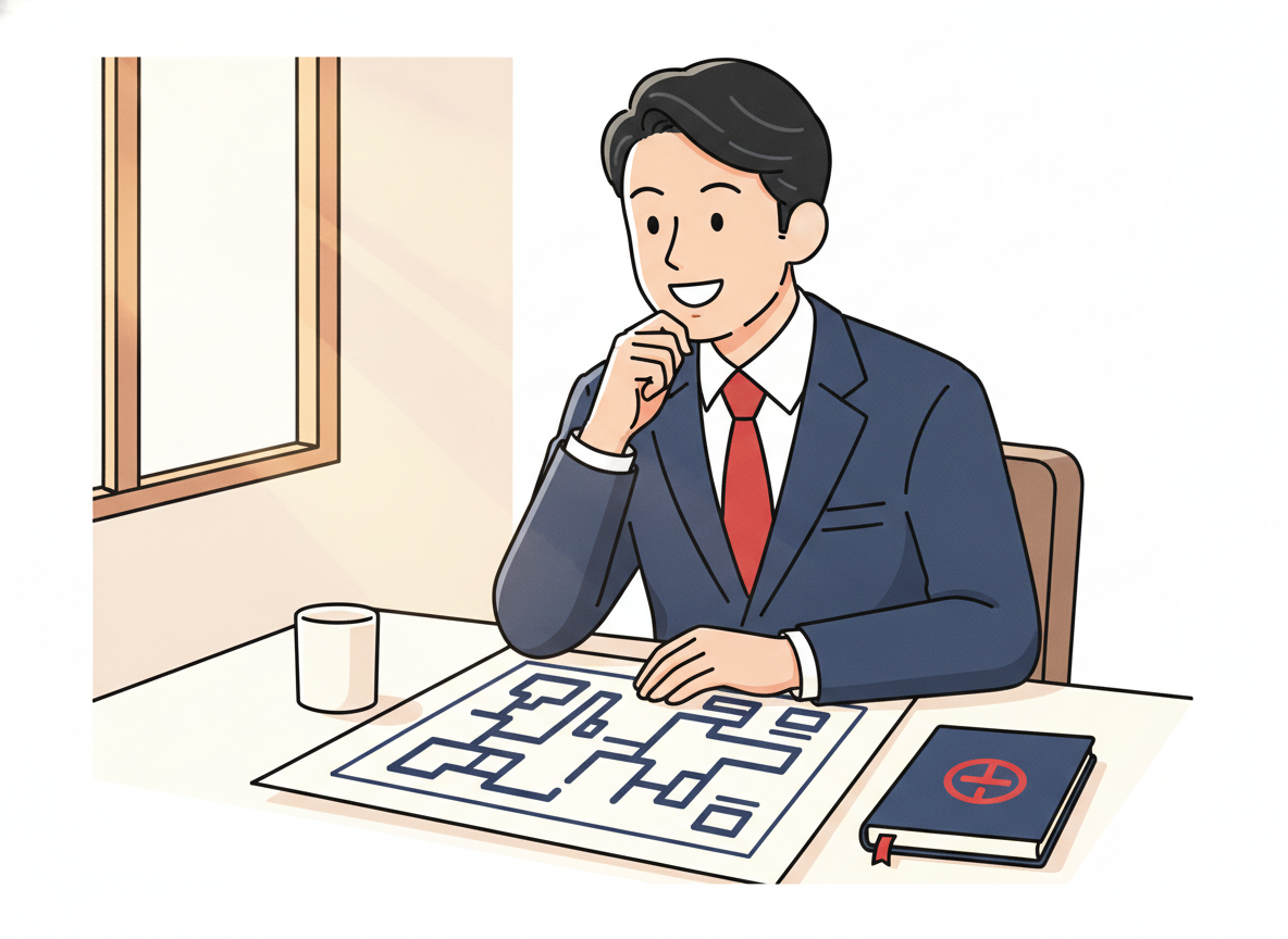 a person looking thoughtfully at a plan on paper at a desk, morning light
