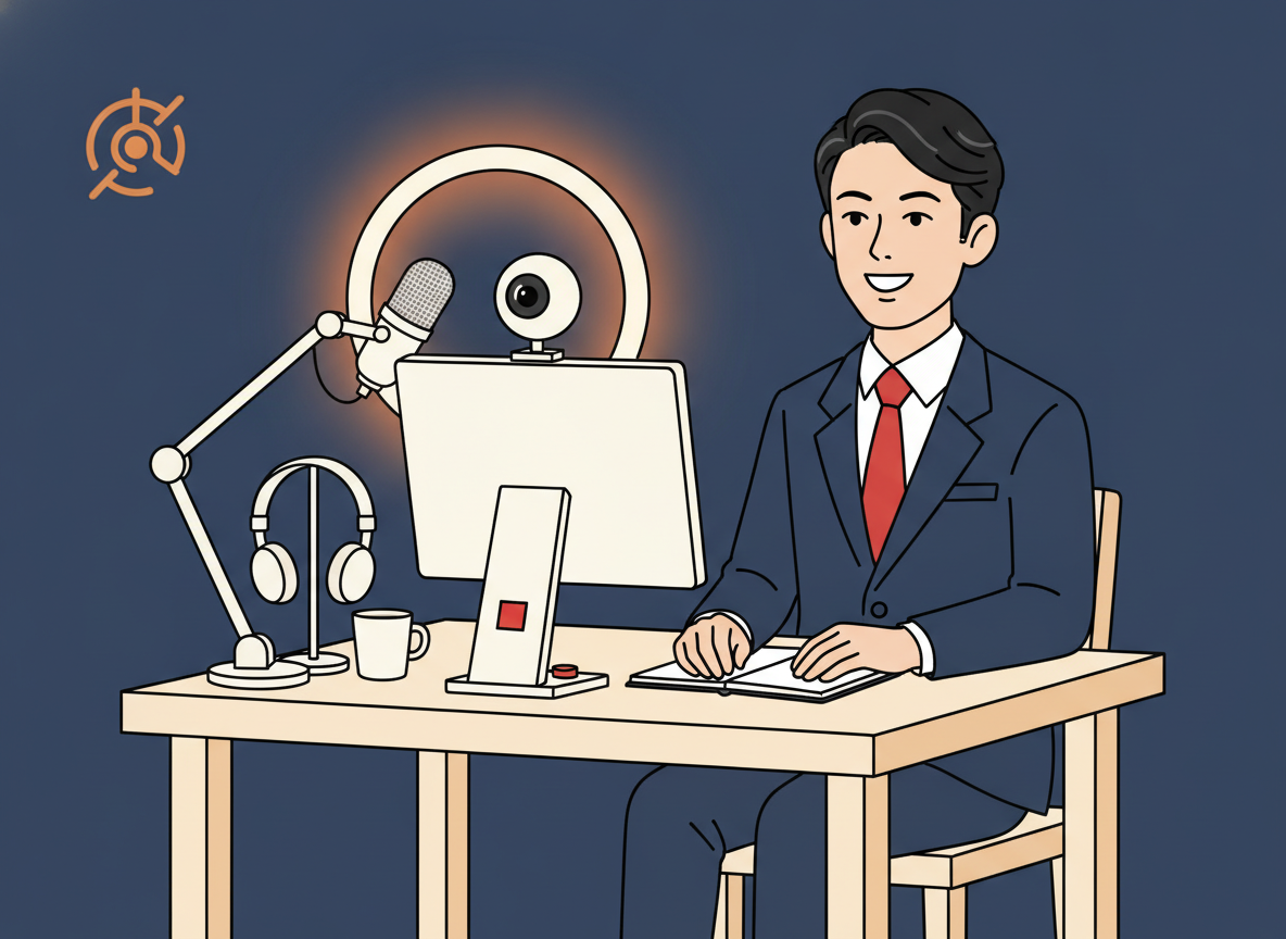 a clean minimal desk with a microphone, webcam, and ring light arranged together