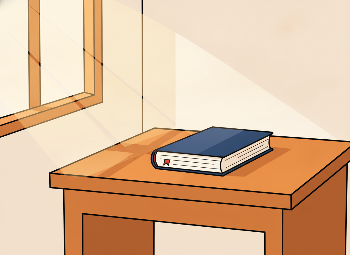 a wooden desk with warm morning light, a single book sitting closed on the surface