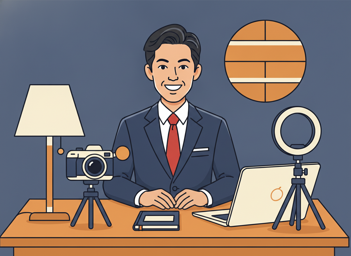 a person confidently sitting at a well-lit desk with a camera setup, looking forward