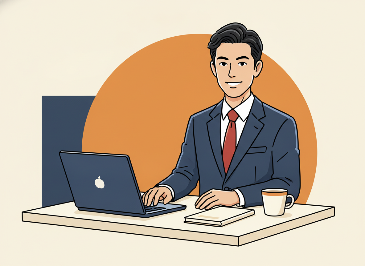 a person at a bright clean desk smiling toward a camera, confident expression
