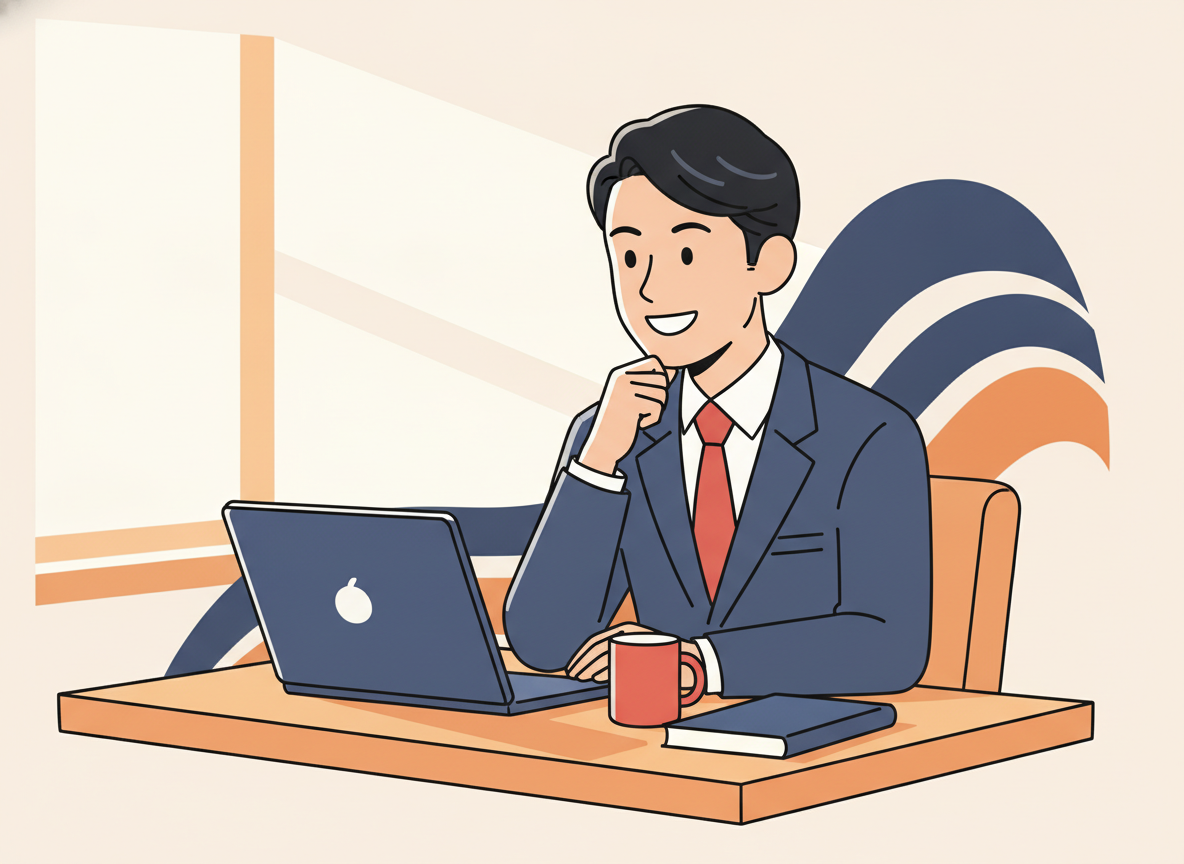 a person sitting at a wooden desk in soft morning light, looking thoughtfully at a laptop