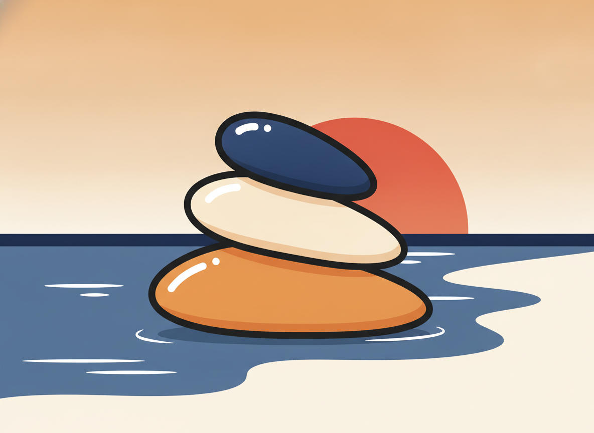 three smooth stones balanced on each other near water, minimalist concept