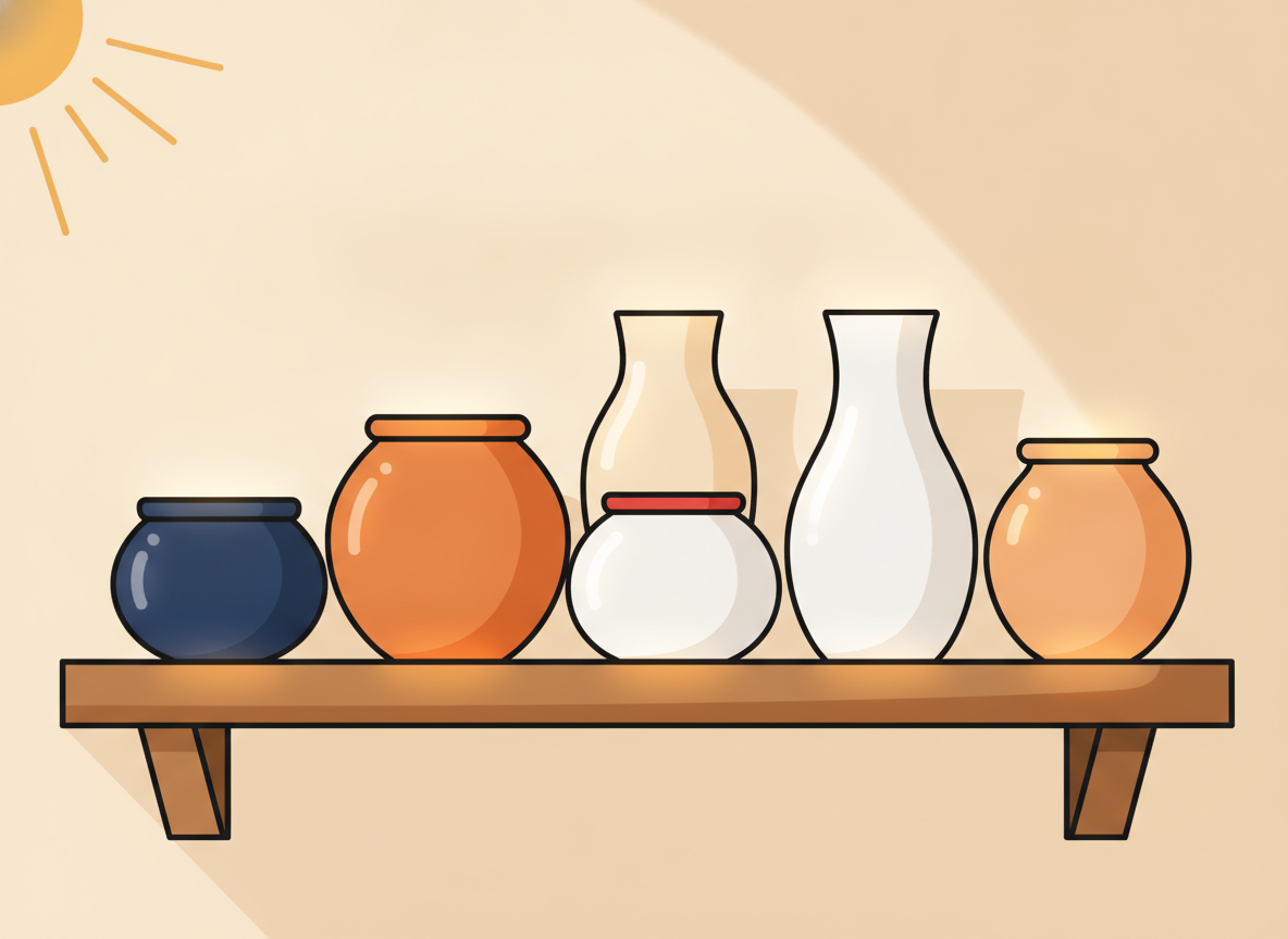 five different colored clay pots arranged neatly on a shelf in warm light