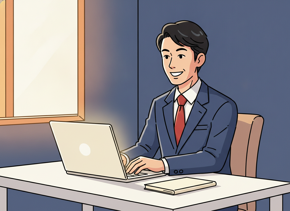 a person at a clean modern desk, looking satisfied while working on a laptop, warm ambient light